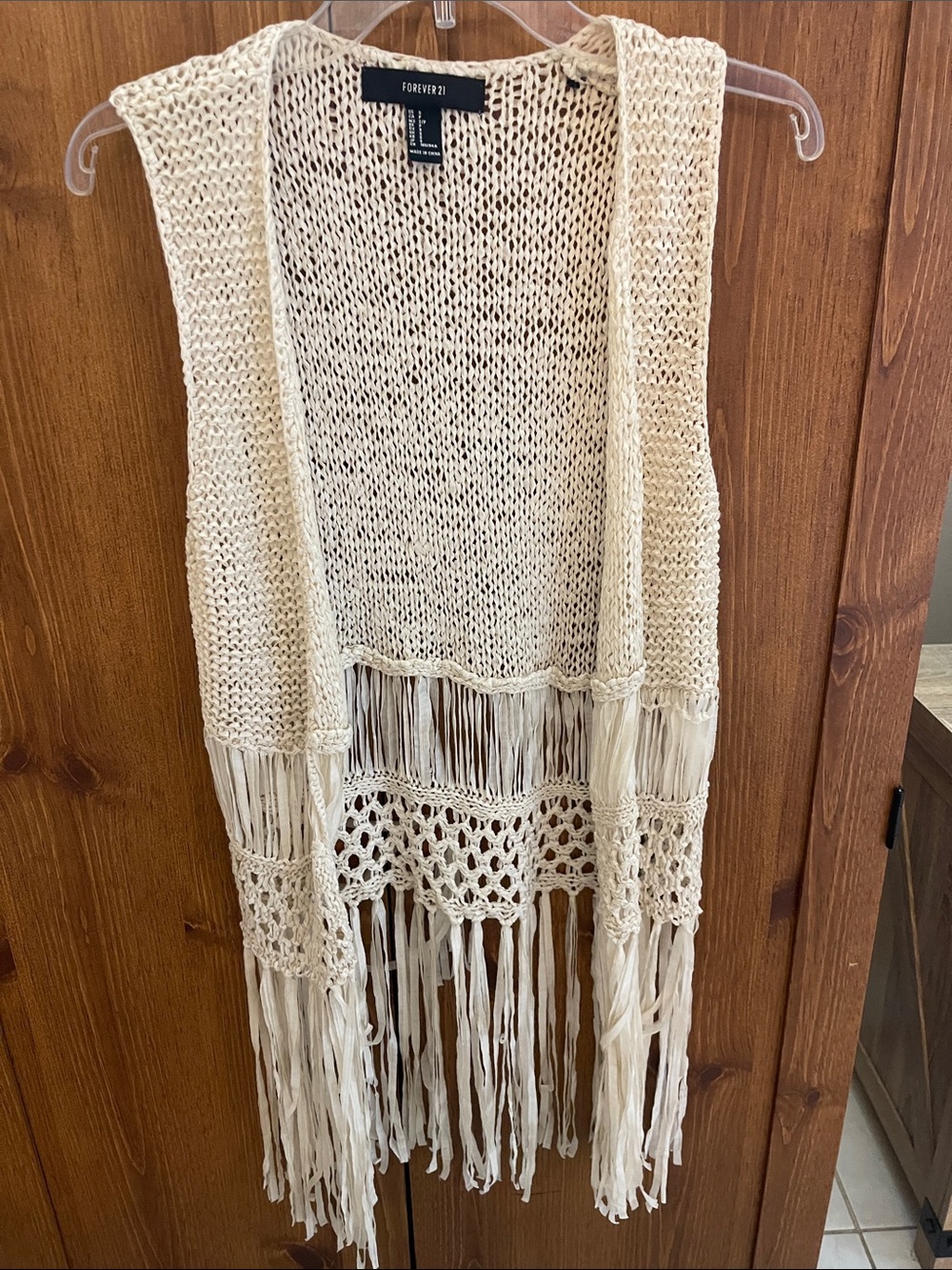 Forever 21 Cream Crochet Fringe Open Vest